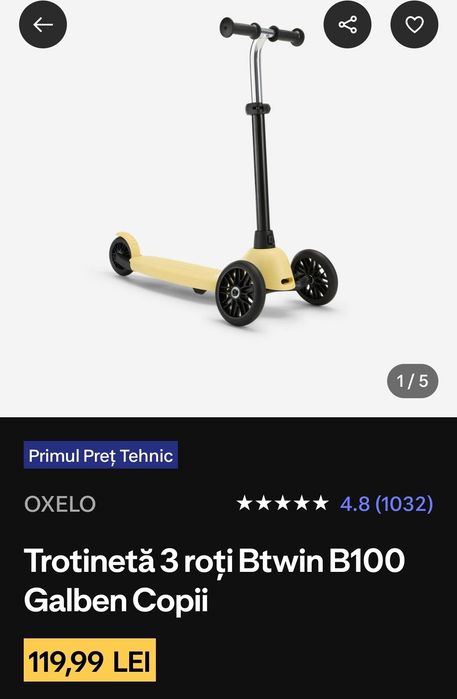 Trotinetă 3 roți Btwin B100 galbenă copii