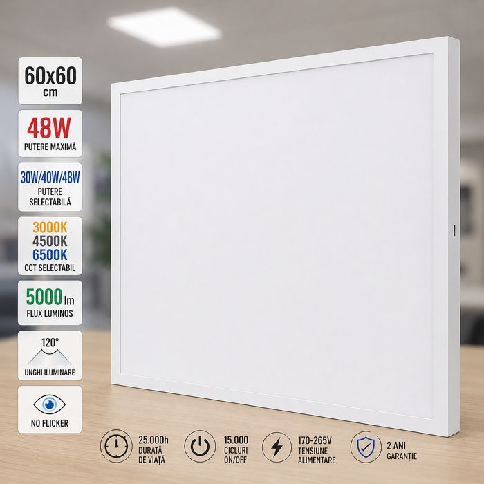 Panou LED Aplicat 60x60 48W 5000 lm, Putere și Culoare Selectabilă