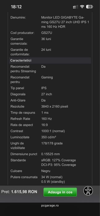 Gigabyte GS27U - iPS 1ms, 4k, 160Hz HDMI 2.1