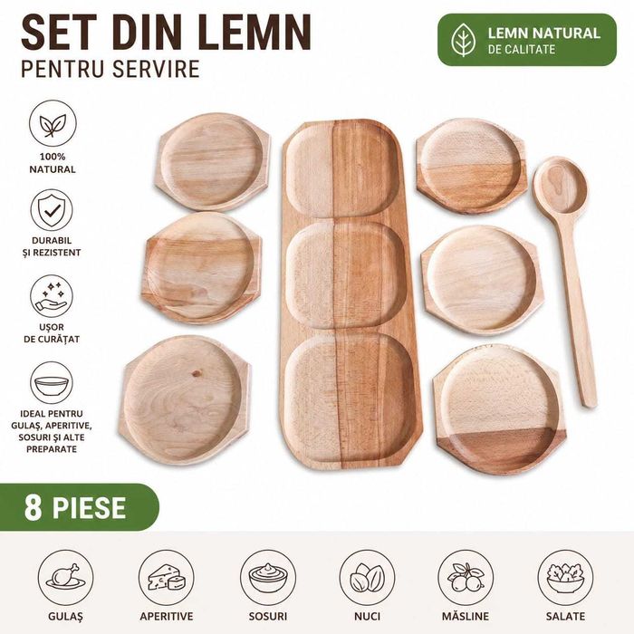Set forma rotunda din lemn pentru servire – 8 piese cu lingura pentru gulas, , Artker,