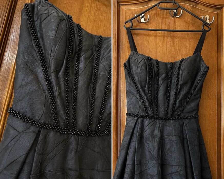 Rochie neagra eleganta de ocazie cu corset si margele