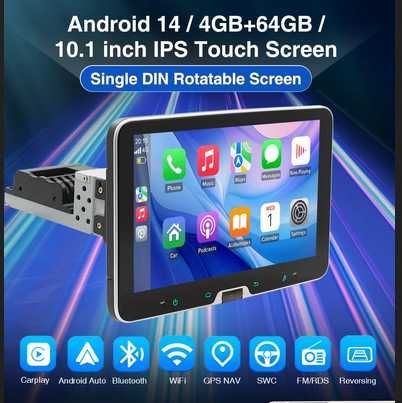 10” 1-DIN мултимедия с Android 14 с 64GB ROM, RAM 4GB