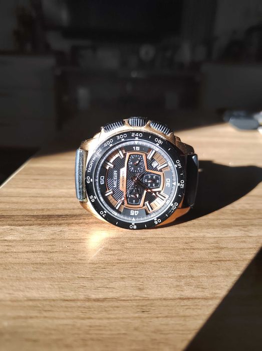 Мъжки часовник MEGIR, японски кварц, хронограф,  черен с розово злато