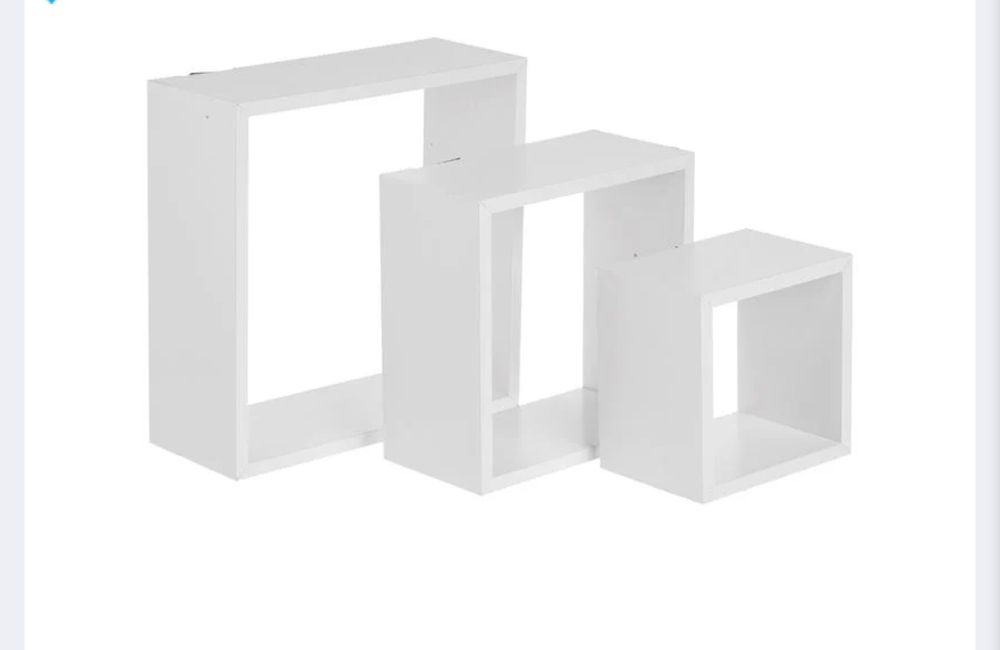 Рафтове за стена, бели, 3бр квадратни етажерки в комплект