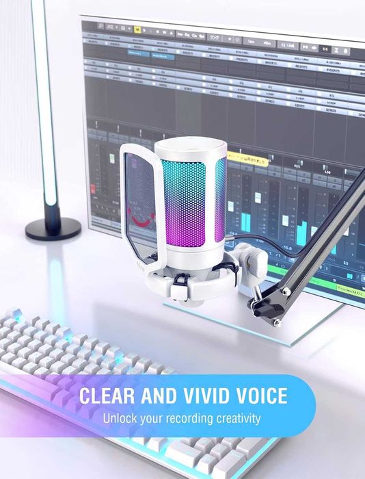 Mикрофон FIFINE A2 с RGB подсветка + стойка, USB Type-C, Бял