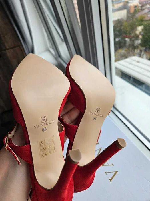 Pantofi Stiletto cu toc subtire 10cm Dora, piele naturala intoarsa, rosu