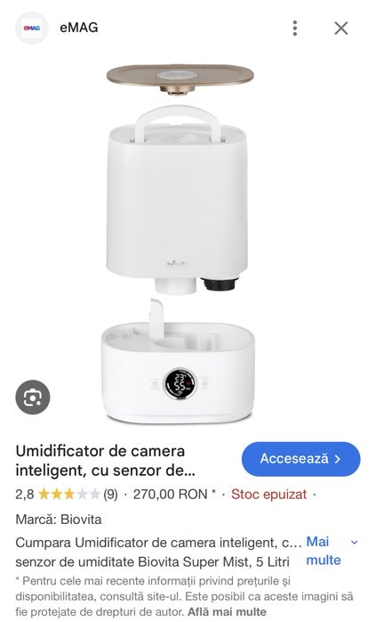 Umidificator de camera Biovita, cu senzor de umiditate