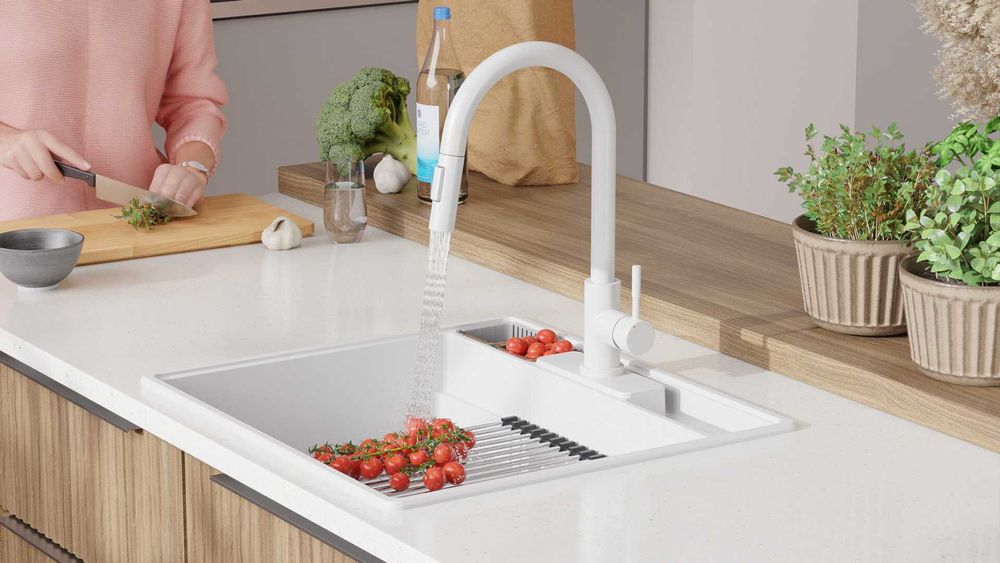 Бяла кухненска мивка от гранит Ню Йорк 60 Multispace 580 x 530 мм