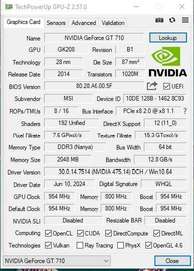 Placa video Low Profile Sff MSI Nvidia GT 710 2Gb DDR3 Impecabila ca noua