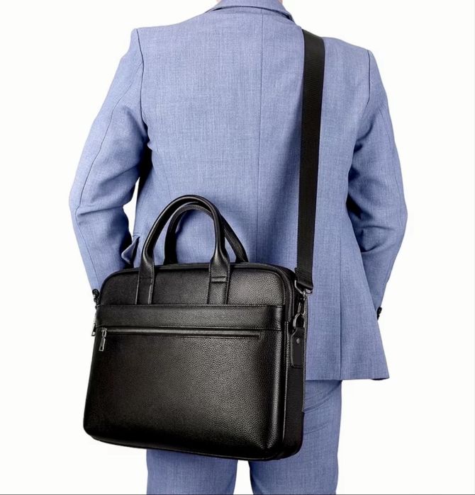 Мъжка елегантна чанта за лаптоп 15”/Офис куфарче от черна естест. кожа