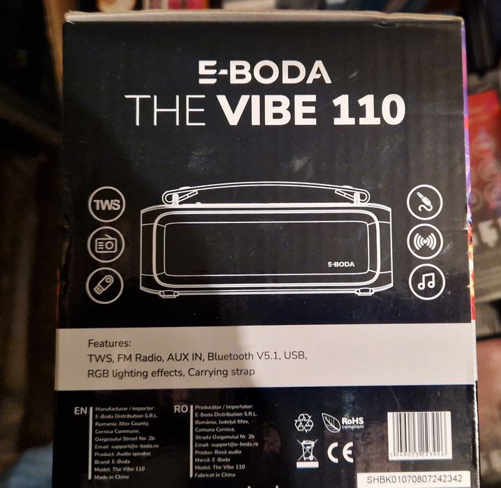 Boxa portabila E-BODA The Vibe 110, Bluetooth, USB, Radio FM, RGB, negru