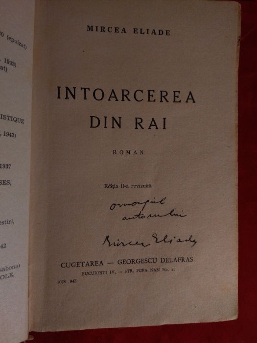 Raritate -MIRCEA ELIADE – Intoarcerea din rai – Dedicatie si autograf
