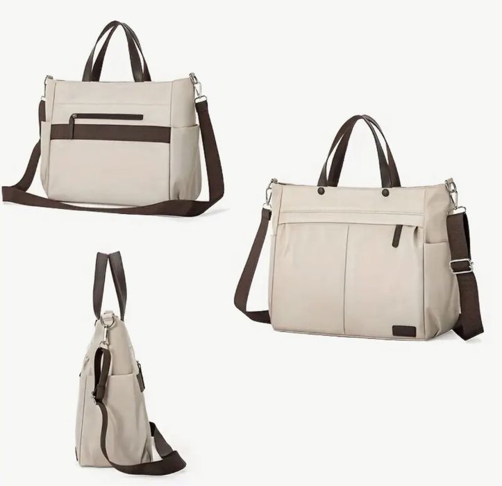 Чисто нова дамска чанта от плат, бежова с кафяво