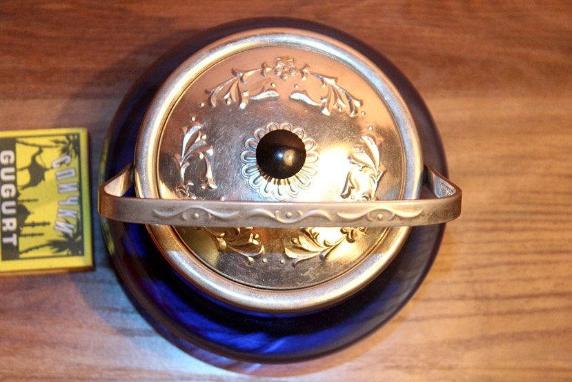 Сахарница советская синяя (кобальтовое стекло и мельхиор ЗиШ)