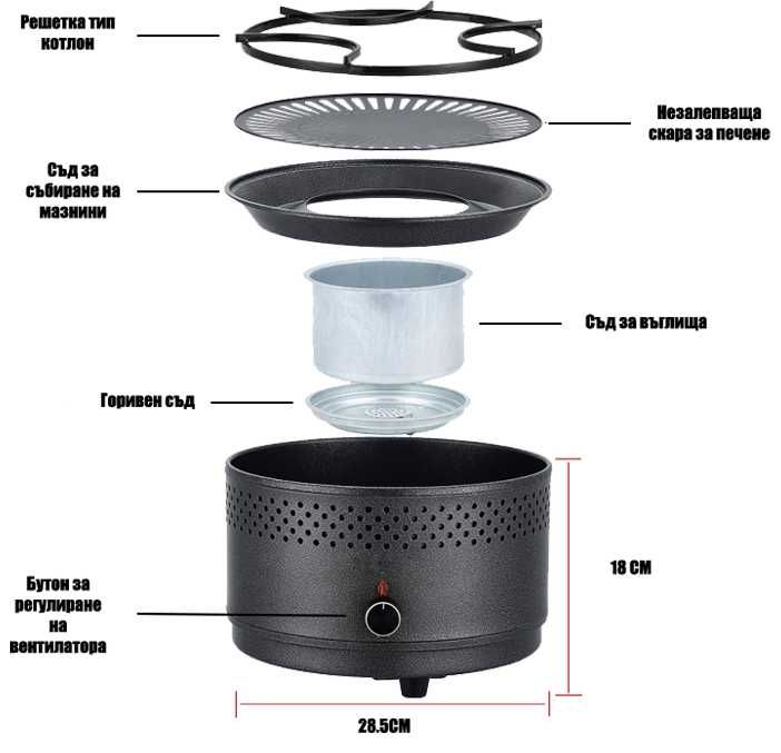 Бездимно преносимо барбекю Buerk с вентилатор,скара,котлон,печене