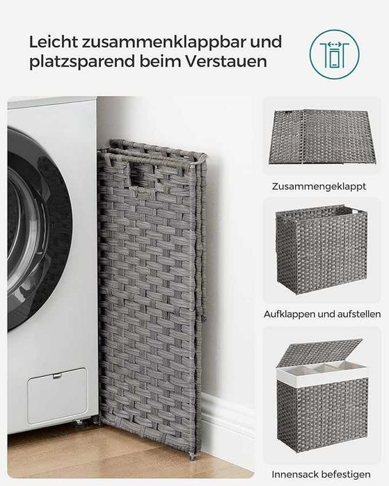 SONGMICS Кош за пране с капак, 160 л, кош за пране, 3 отделения