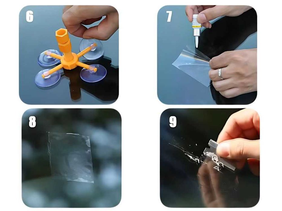 Kit reparatie parbriz auto cu rasina aplicator ventuza folie si lama