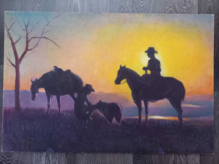 A. Bellomi – „Cowboys cu cai la apus” – ulei pe placaj, 60 × 40 cm