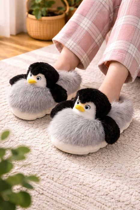 Дамски чехли с пингвин 3D Весели Крачета плюшени домашни чехли пантофи