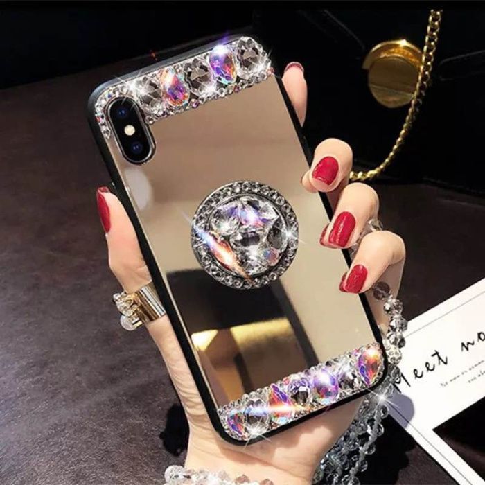 Husa oglinda, inel si pietricele iPhone 12,12 Mini, 12 Pro, 12 Pro Max