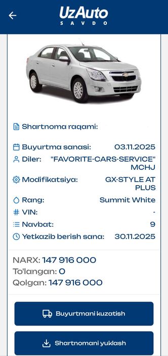 Chevrolet Cobalt oq avtomat salonda turibdi