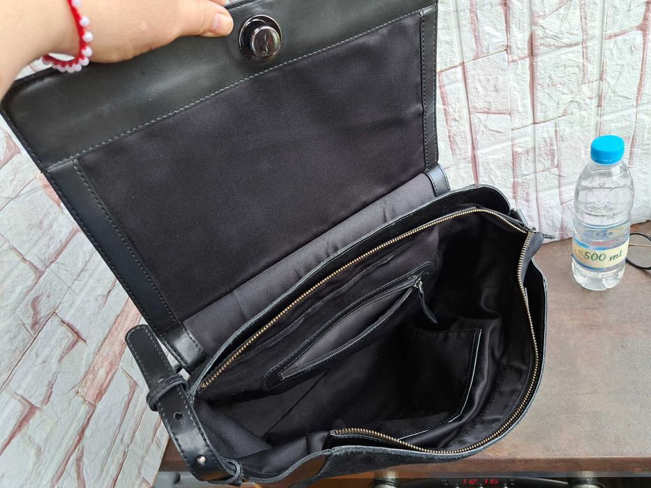 дамска чанта,черна кожена торба-естествена кожа и велур