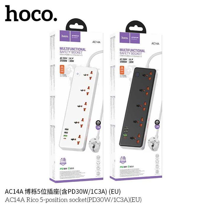 Hoco AC14A Rico Сетевой фильтр 5 розетками и USB-портами PD30W EU/GER
