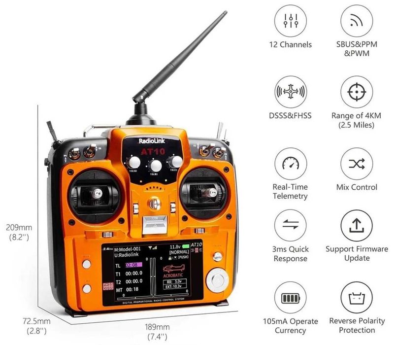 Radiocomanda Radiolink AT10II, 2.4Ghz, 12 ch, aeromodel,elicopter