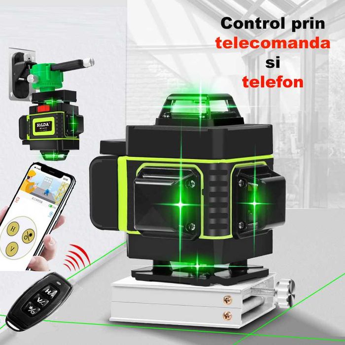 Set Nivela laser profesionala HILDA 4D 16 linii, laser verde 2 baterii