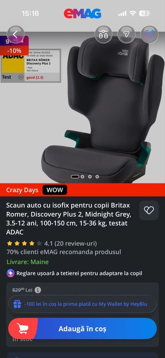 Scaun auto cu isofix pentru copii Britax Romer, Discovery Plus 2, Midnight Grey, 3.5-12 ani, 100-150 cm, 15-36 kg, testat ADAC