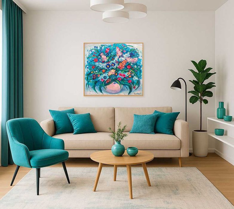 Картина. Бирюзовый букет. Холст, масло. 75х85 см.