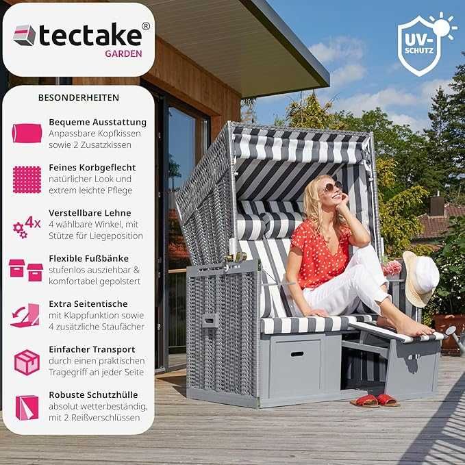 Плажен стол tectake® Baltic Sea, 2-местен, регулируема облегалка