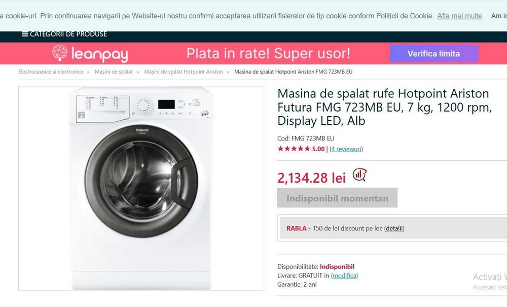 Masina de spalat rufe Ariston 1200 rpm program scurt de spalare