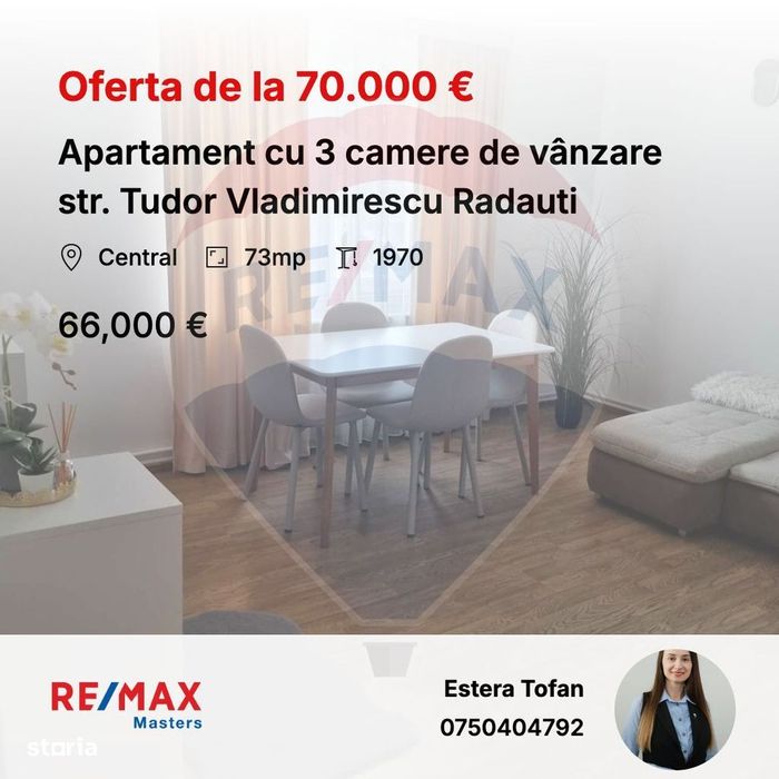 Apartament cu 3 camere de vânzare în zona Central Radauti