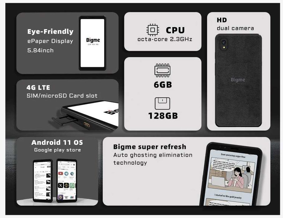 Bigme E ink Smartphone Hibreak 5,84", 6GB RAM, 128GB, negru ca nou, complet
