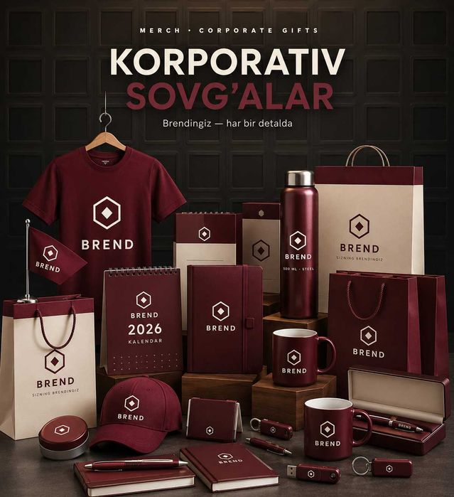Korporativ sovg'alar, poligrafiya, merch, futbolka kepka bloknot