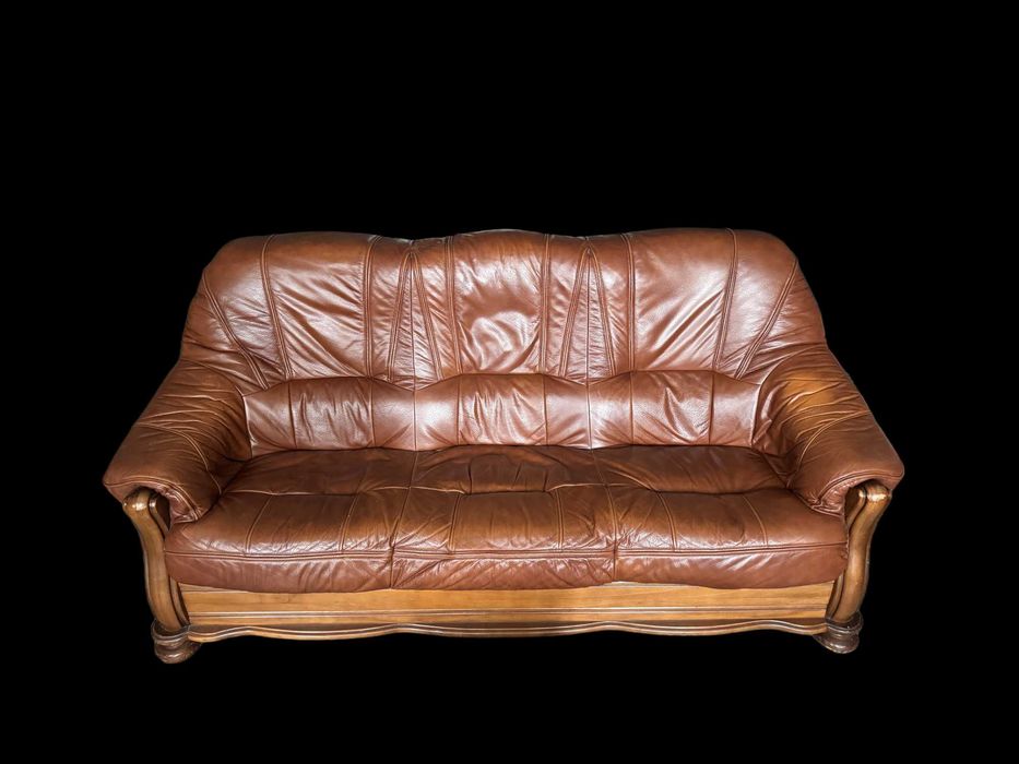 Set canapea + 2 fotolii din piele naturală și lemn masiv, stil clasic, foarte confortabil