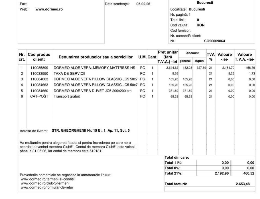 Saltea Dormeo Aloe Vera Memory Foam - noua