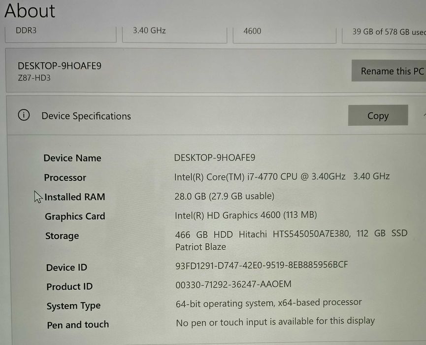 Desktop I7 4770 30GB DDR3, SSD120+HDD 2.5 500GB