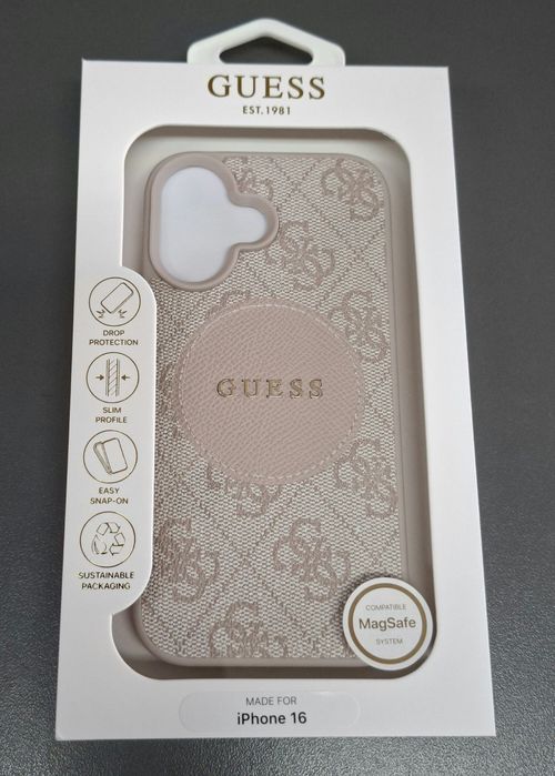 Кейс GUESS за iPhone 16 розов кожен гръб с  MagSafe магнитно зареждане