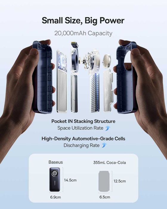 Baseus външна батерия 20 000 mAh вграден прибиращ се USB-C кабел, 67 W