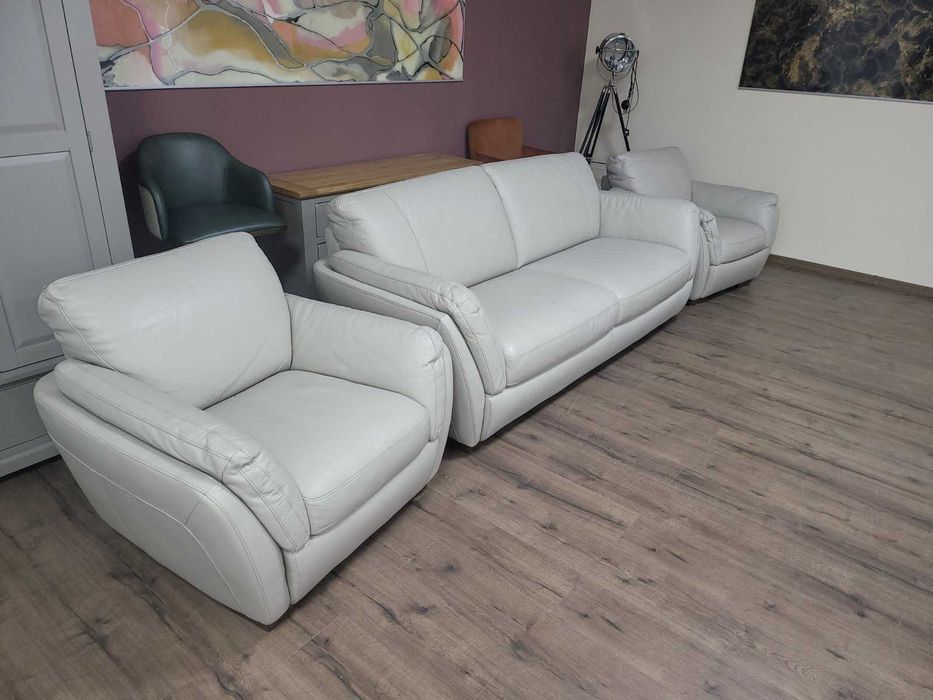 Светло кремав/сив кожен комплект тройка с два фотьойла