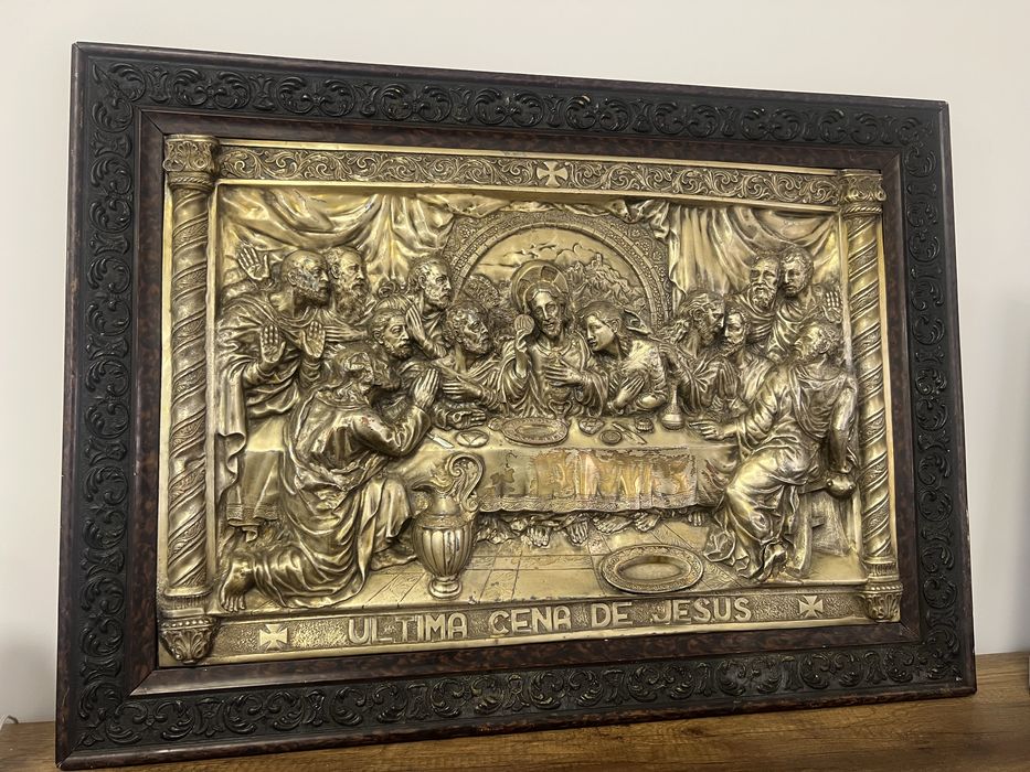 Ultima Cina A lui Iisus relief metalic mare rama lemn. Arta religioasa