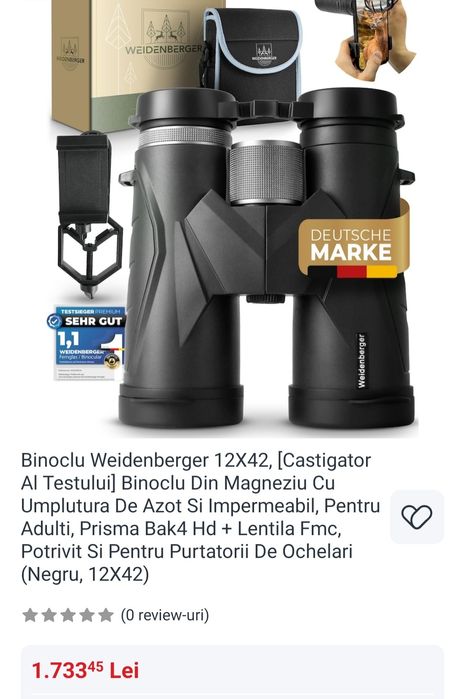 Binoclu Weidenberger 12X42, [Castigator Al Testului] Binoclu Din Magneziu Cu Umplutura De Azot Si Impermeabil, Pentru Adulti, Prisma Bak4 Hd + Lentila