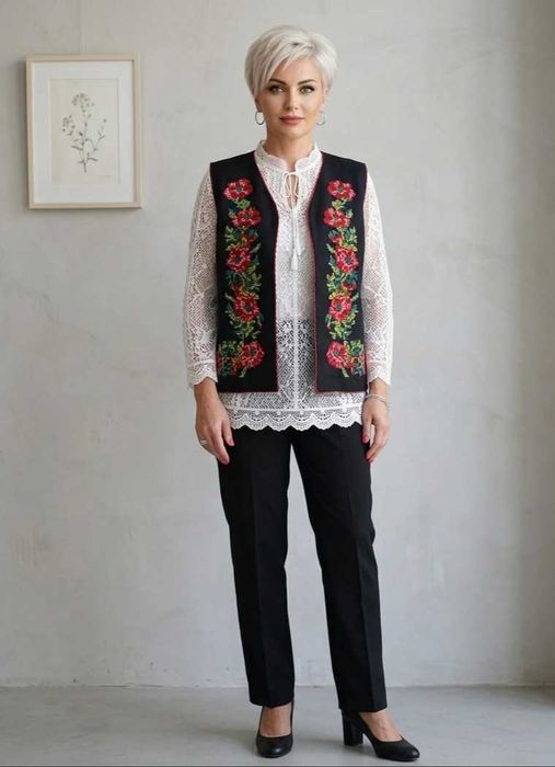 Vestă XL, bumbac, tradițională, cu trandafiri roz