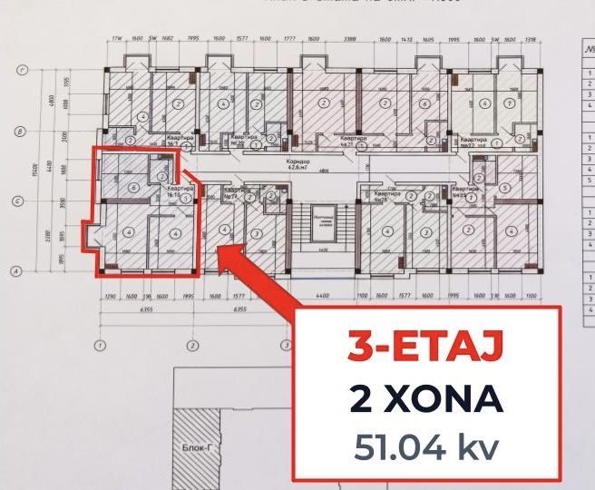 Chilonzor 13 kvartal Cho'ponota 3 etaj  2 xona 51.04 kv