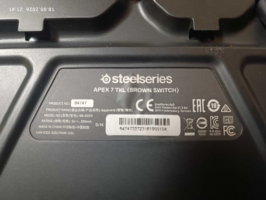 Клавиатура SteelSeries Apex 7 TKL .  Brown switch.