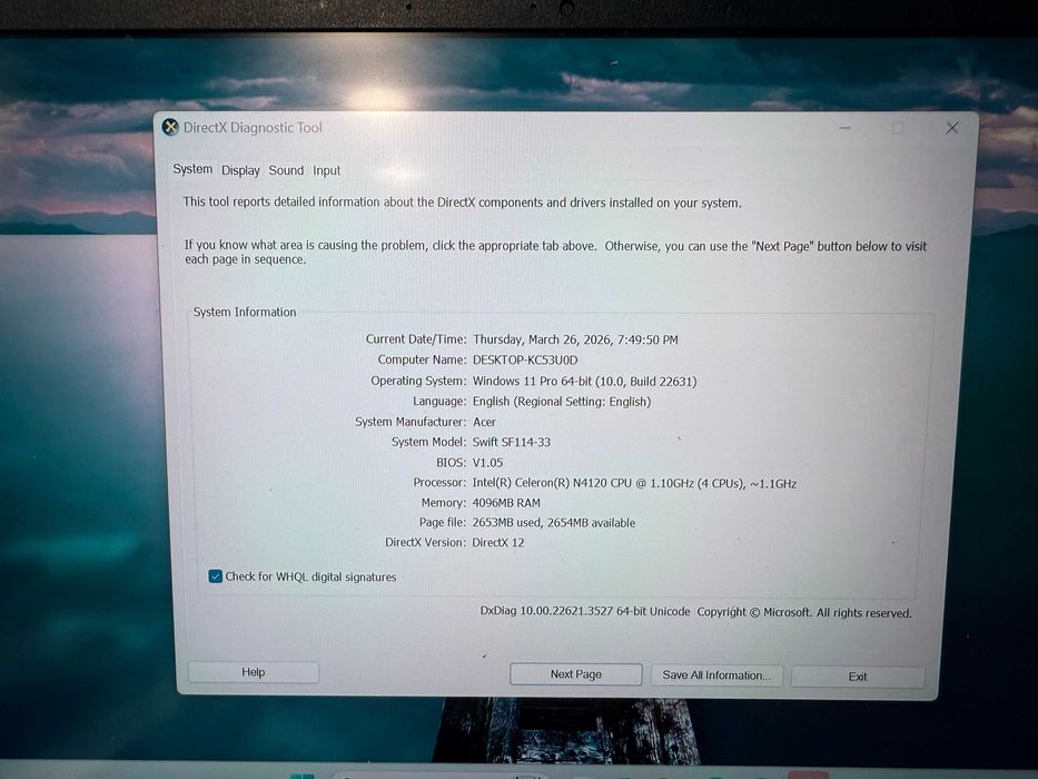 Hope Amanet P10/Laptop Acer Swift 1 SF114