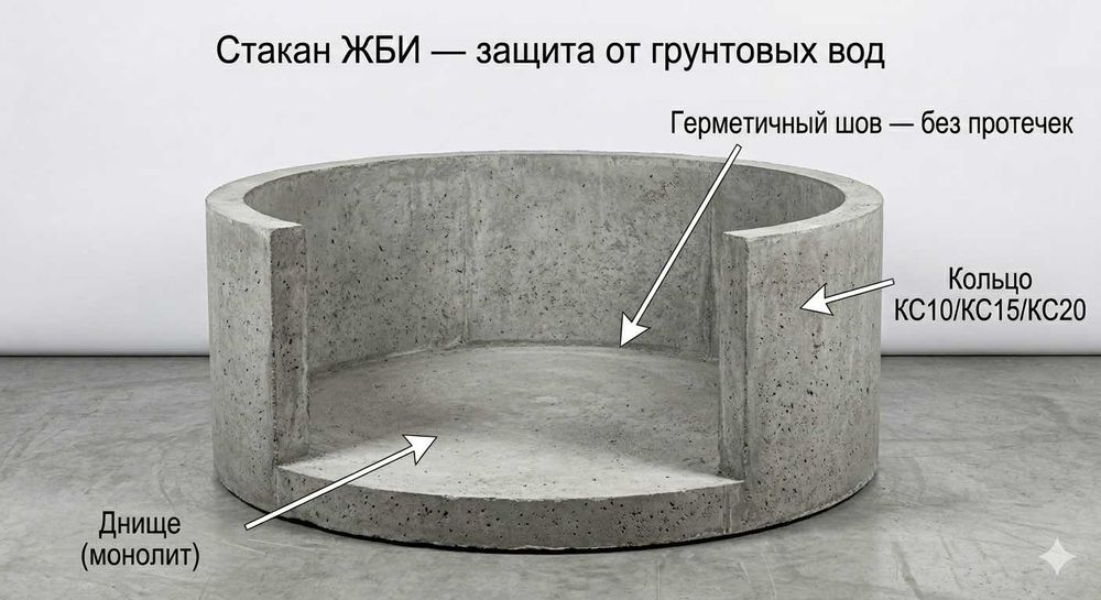 Стакан ЖБИ (днище + кольцо монолит) — герметичный септик КС ПП ПН ЖБИ