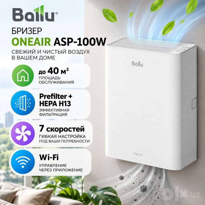 Бризер/Рекуператор/Очиститель воздух Ballu ONEAIR ASP- 100W (белый)